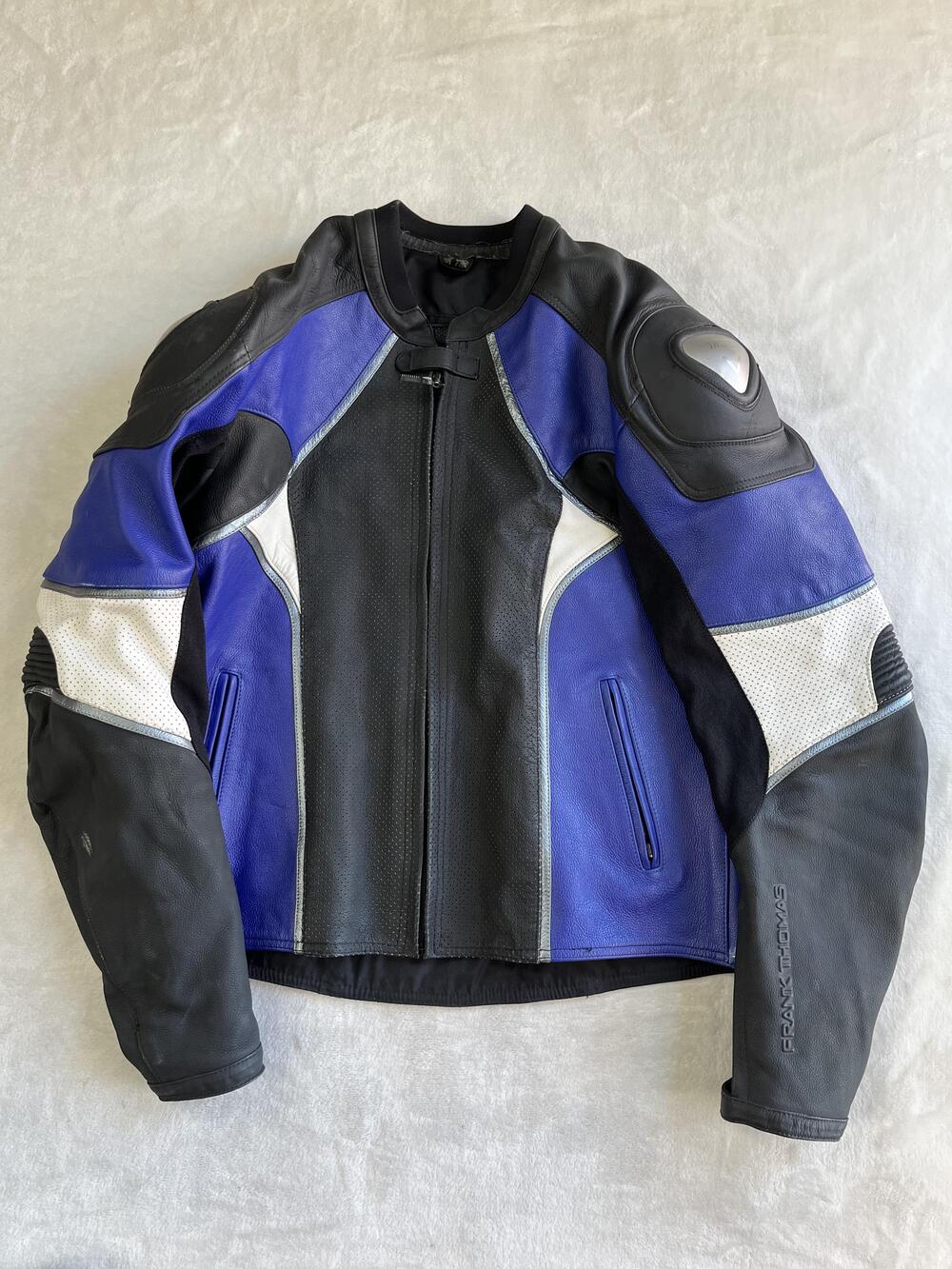 Frank Thomas Leather Motorcycle Jacket Mens 44 Black Blue Padded Armor Racing
